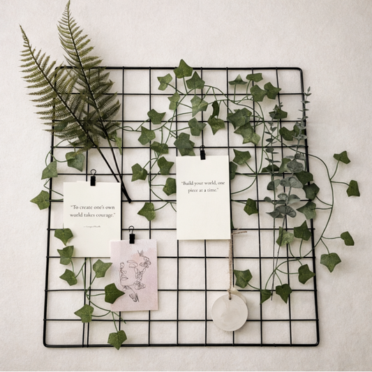 Botanical Calm wall grid with green foliage, botanical prints and quote cards