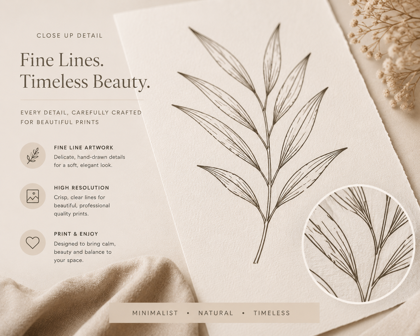 Close-up of neutral botanical prints from the GridHaus digital styling collection