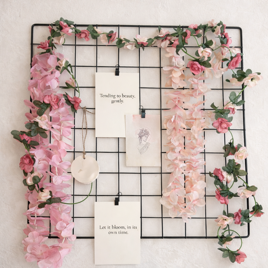 Of Vines and Petals wall grid with pink florals, artwork and quote cards