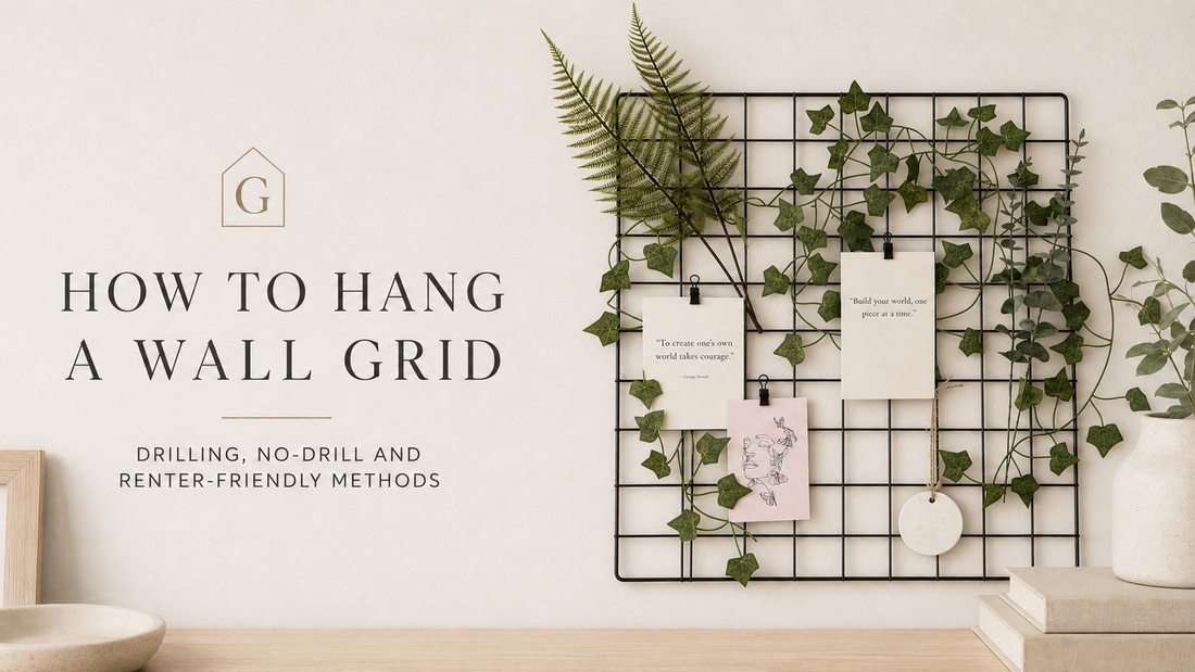 Botanical Calm wall grid beside the heading “How to Hang a Wall Grid: Drilling, No-Drill and Renter-Friendly Methods.”
