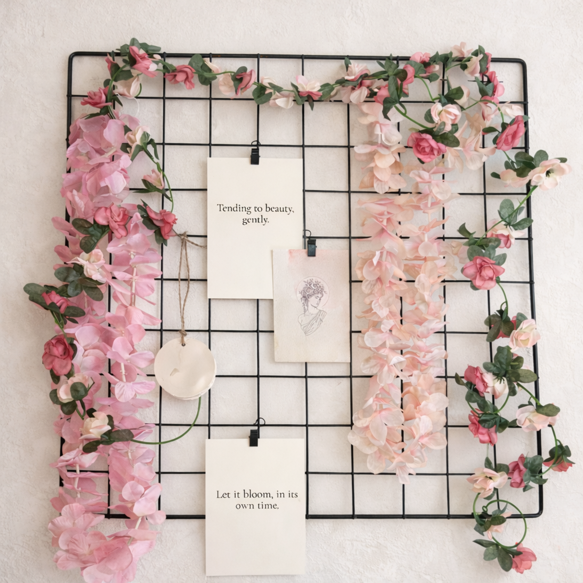 pink floral wall grid decor