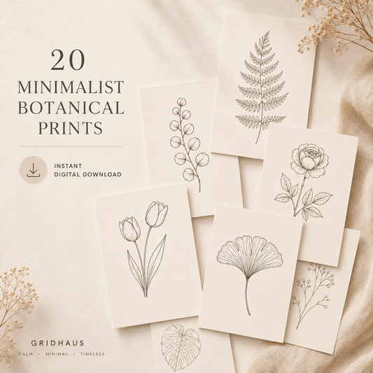 GridHaus collection of 20 minimalist botanical line art prints available as an instant digital download