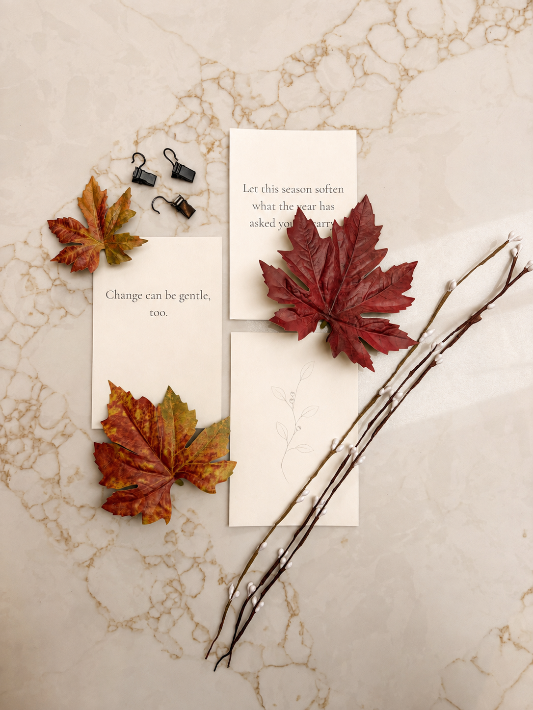 Autumn wall grid styling edit with quote cards, maple leaves and white-bud stems