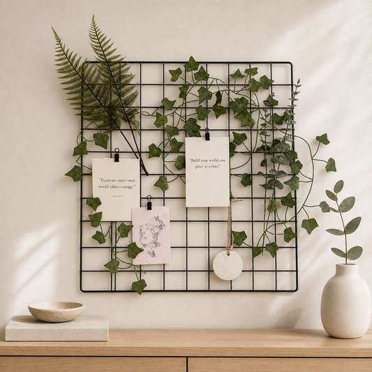 Botanical Calm wall grid kit styled with green foliage and neutral artwork