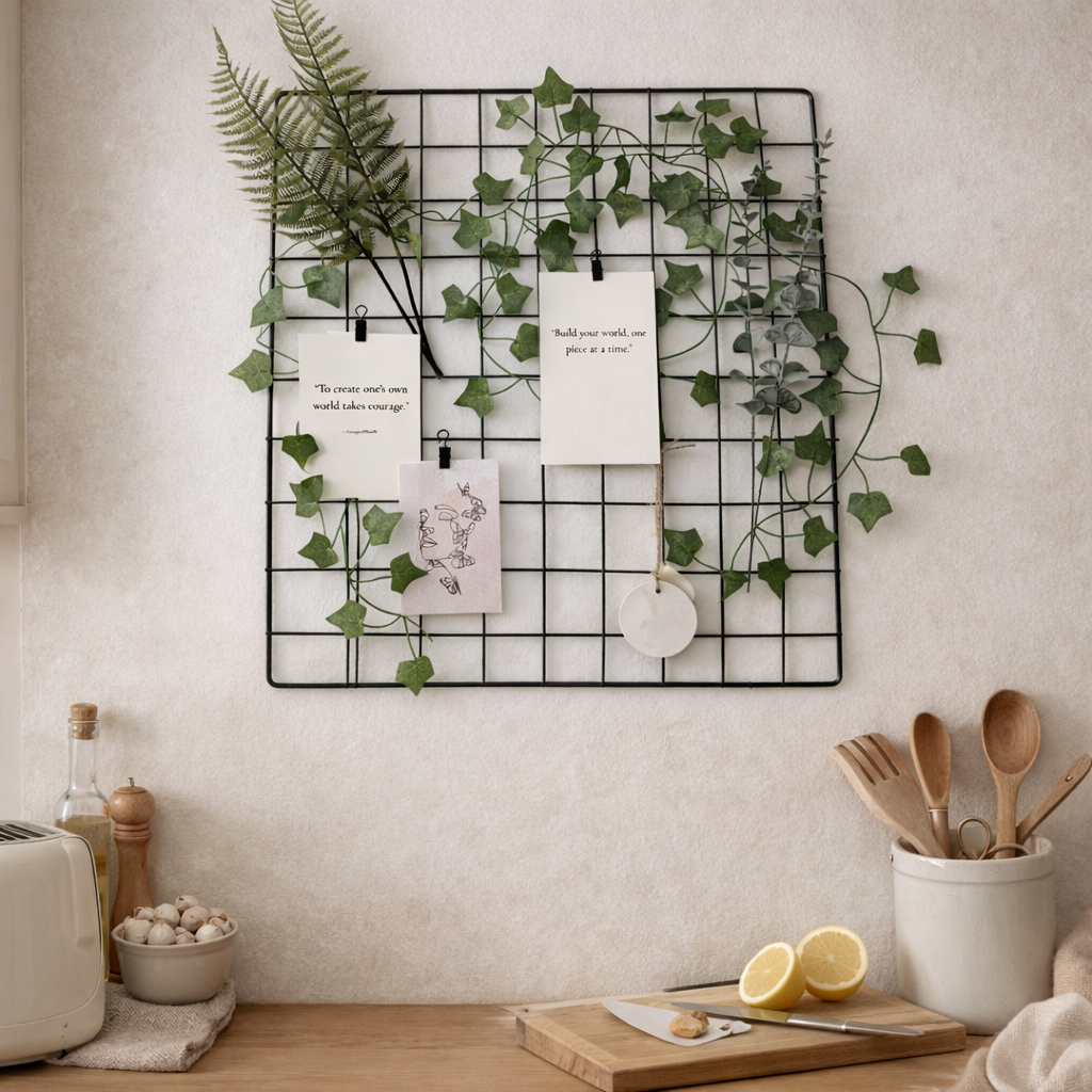 Decorative wall grid with greenery and a kitchen setting with utensils and lemons.