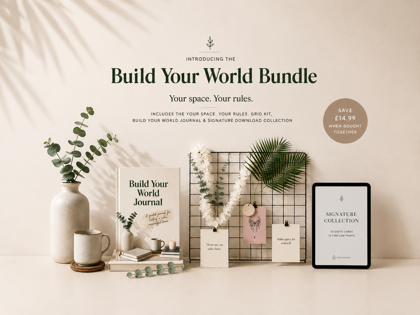 Build Your World Bundle with a black wall grid kit, guided journal and digital downloads in a minimalist Scandinavian-style workspace.