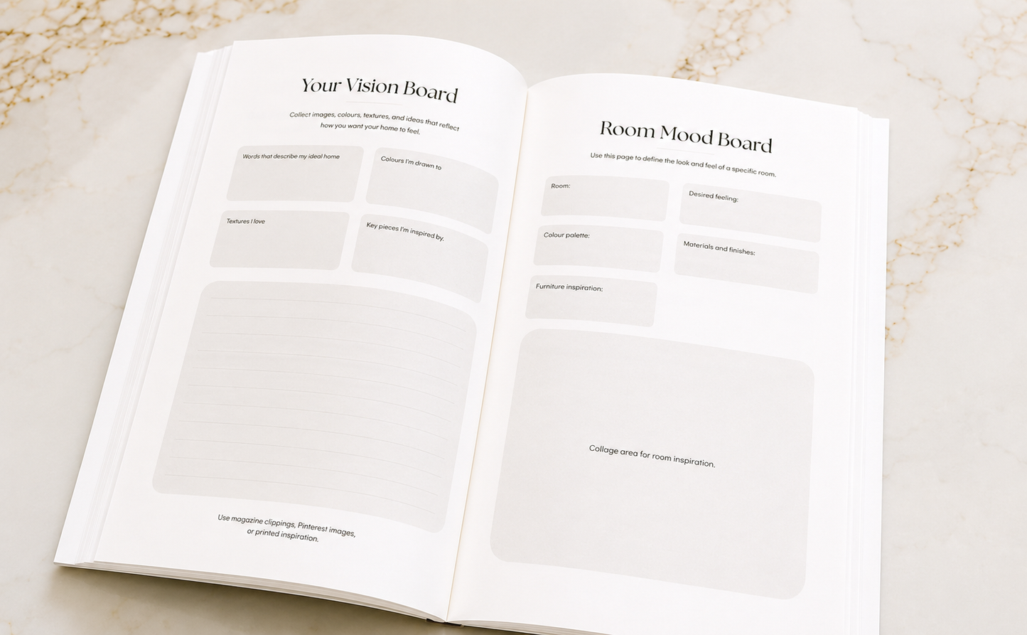 Open Build Your World Journal showing the vision board and room mood board pages