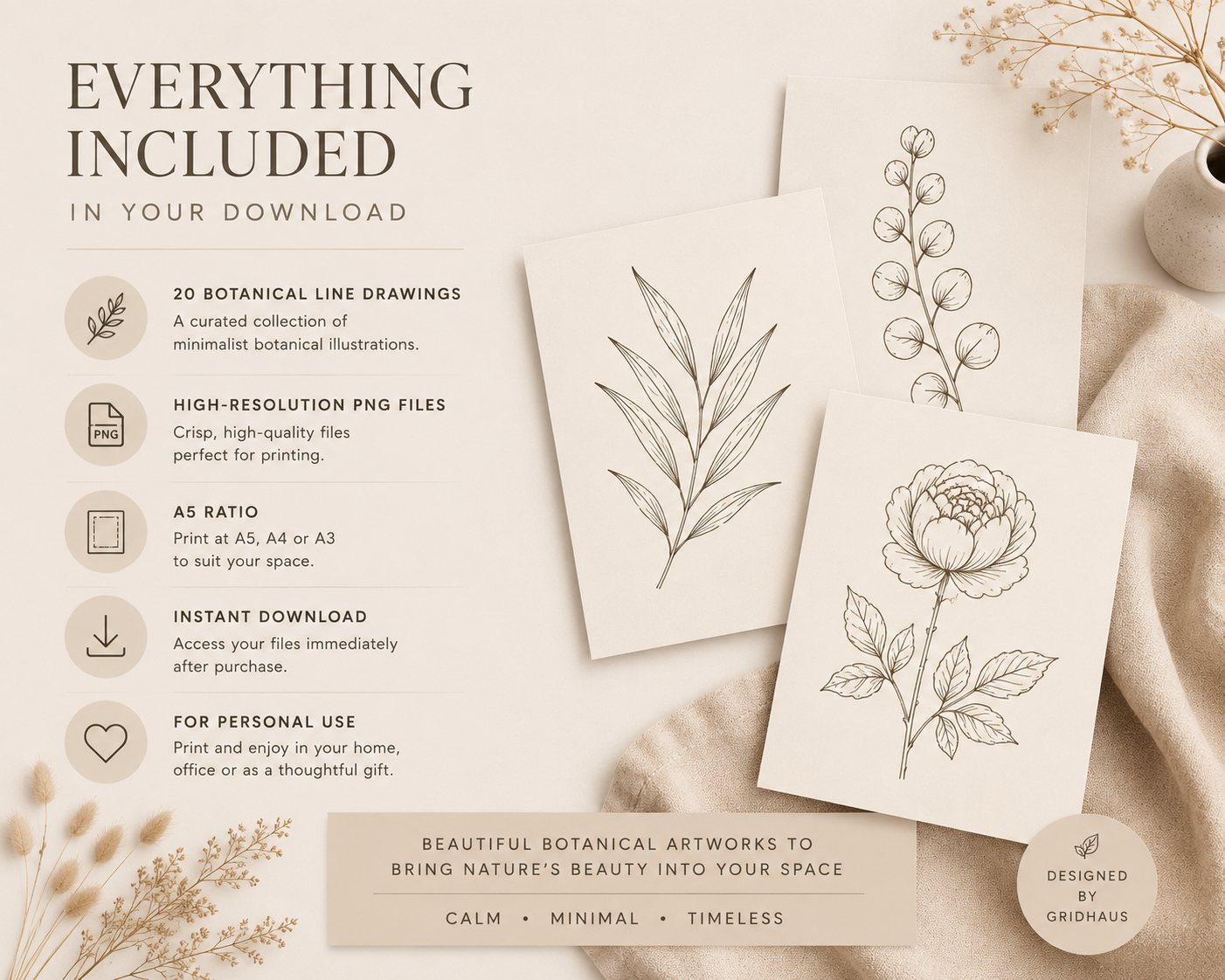 Botanical Line Art Print Collection | 20 Minimalist Printable Wall Art Prints - GridHaus