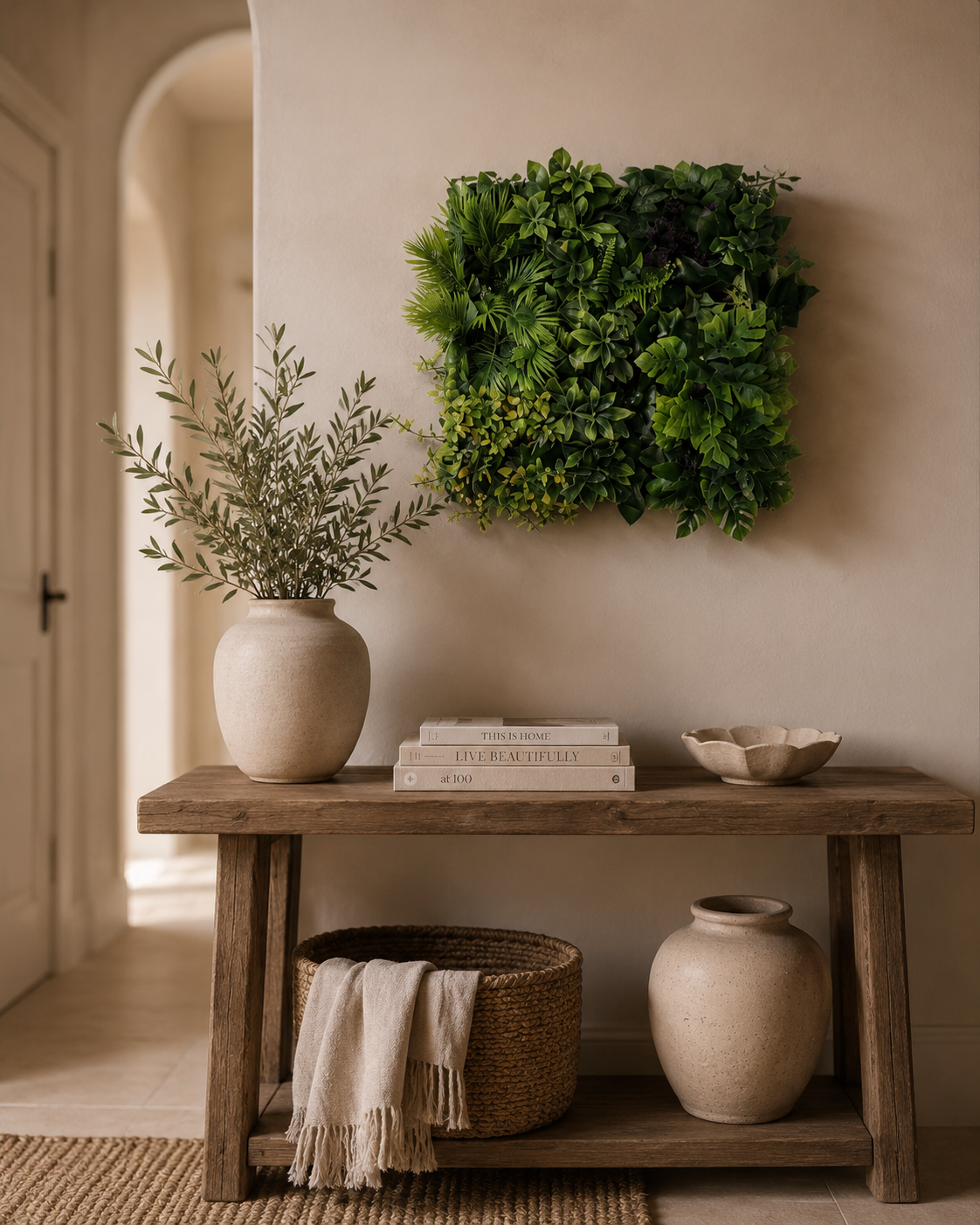 Cosy minimalist hallway styled with natural greenery