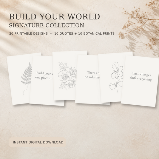 GridHaus Build Your World Signature Collection featuring 10 printable quote cards and 10 botanical line art prints