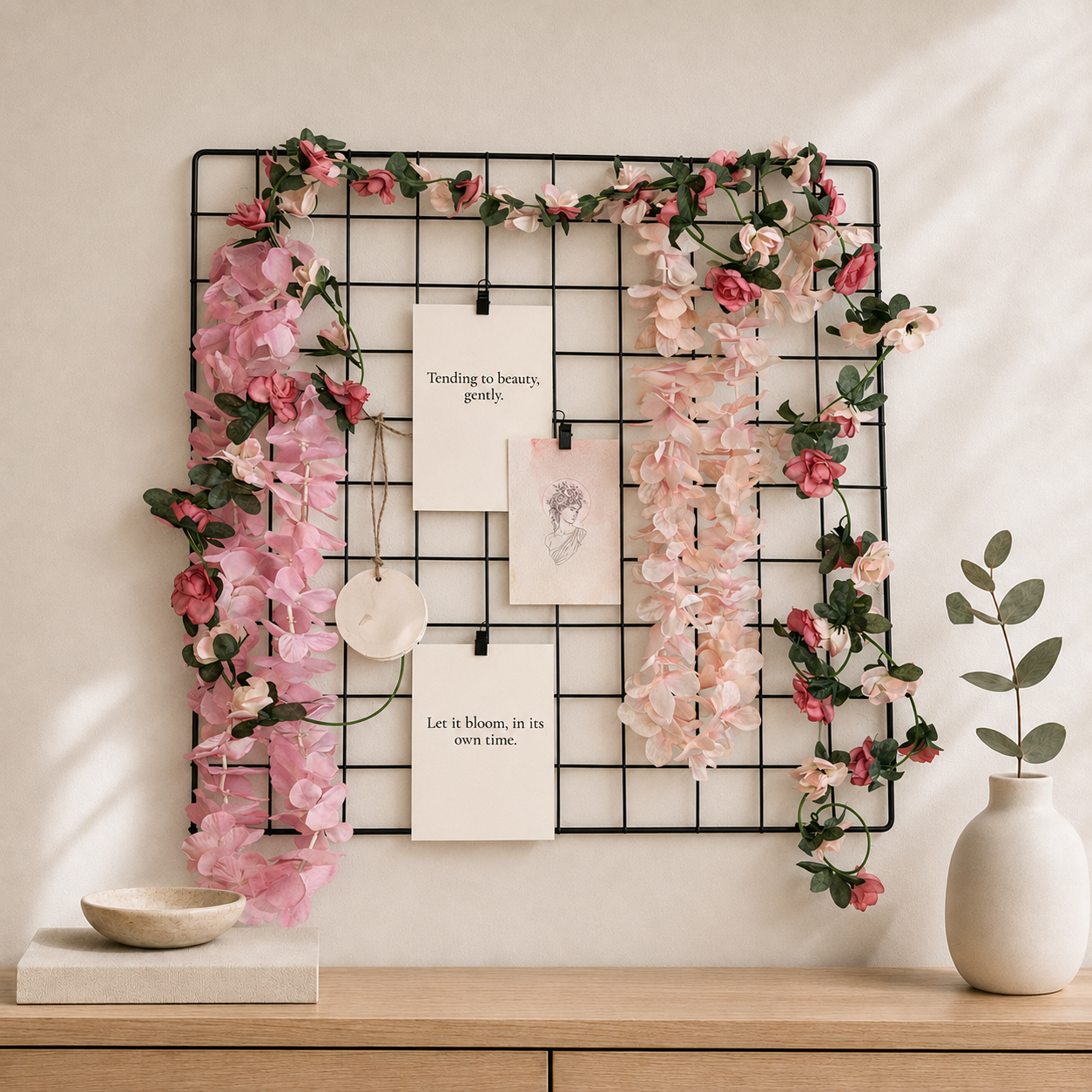 Of Vines and Petals wall grid kit styled with pink florals and artwork in a modern interior