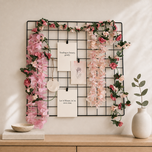 Of Vines and Petals wall grid kit styled with pink florals and artwork in a modern interior