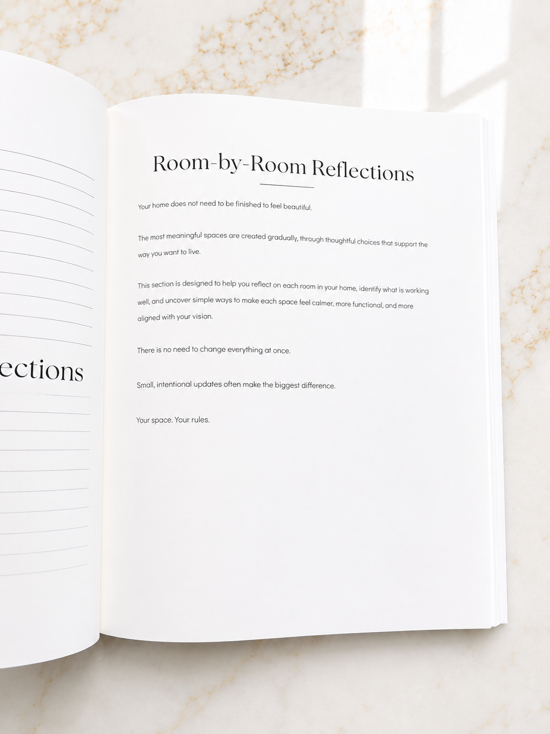 Open Build Your World Journal showing the Room by Room Reflections pages