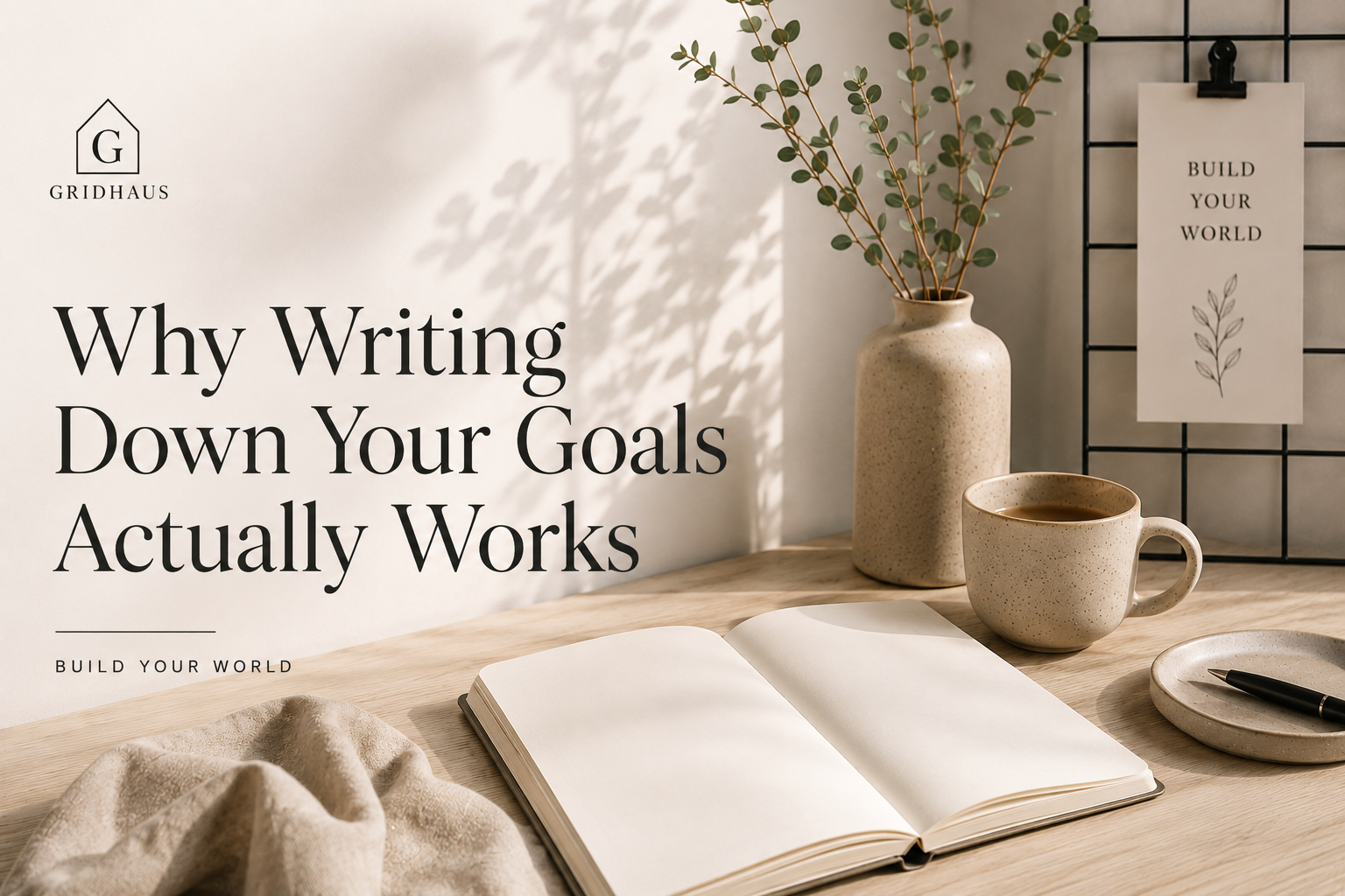 Neutral desk scene with a journal encouraging ideas and goal setting