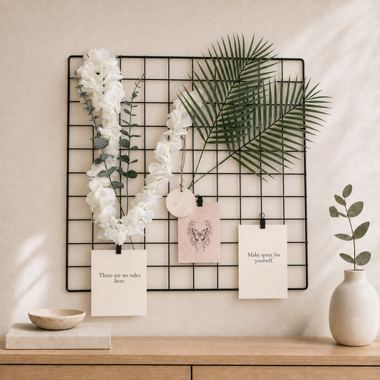 Your Space Your Rules black wall grid kit styled in a neutral modern interior